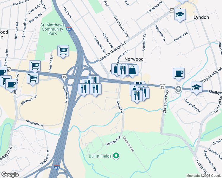 map of restaurants, bars, coffee shops, grocery stores, and more near 100 Oxmoor Lane in Louisville
