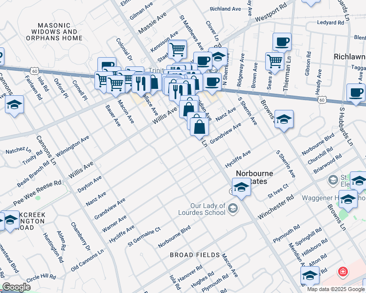 map of restaurants, bars, coffee shops, grocery stores, and more near 3714 Nanz Avenue in Louisville