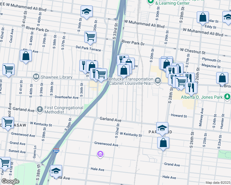 map of restaurants, bars, coffee shops, grocery stores, and more near 732 South 32nd Street in Louisville