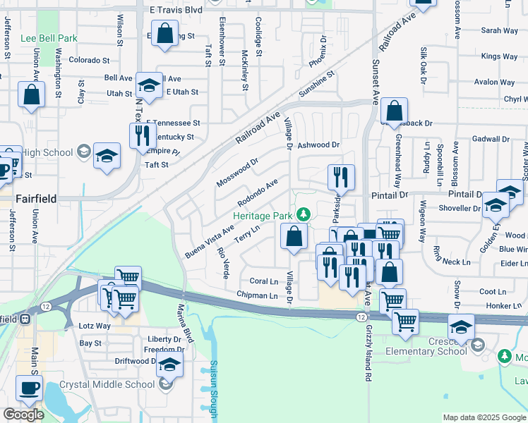 map of restaurants, bars, coffee shops, grocery stores, and more near 83 Buena Vista Avenue in Suisun City