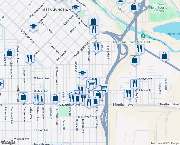 map of restaurants, bars, coffee shops, grocery stores, and more near 1026 1/2 East Evans Avenue in Pueblo