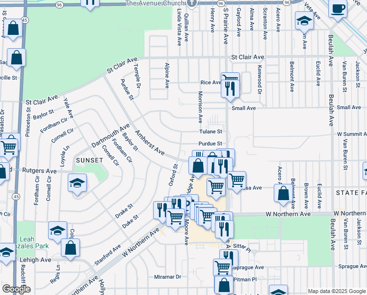 map of restaurants, bars, coffee shops, grocery stores, and more near 34 Purdue Street in Pueblo