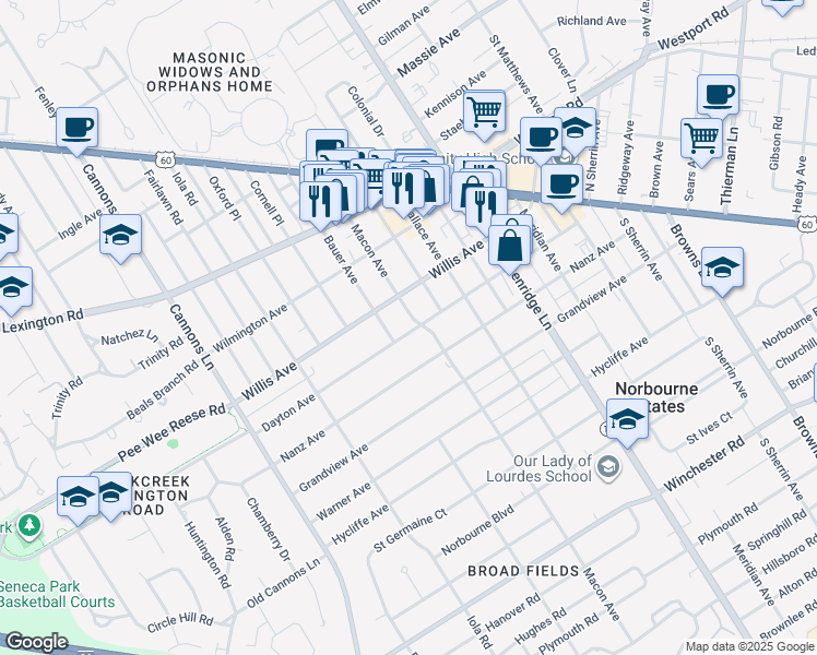 map of restaurants, bars, coffee shops, grocery stores, and more near 512 Macon Avenue in Louisville