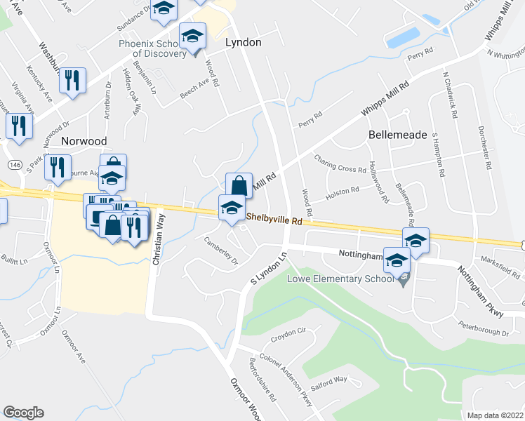 map of restaurants, bars, coffee shops, grocery stores, and more near 8223 Shelbyville Road in Louisville