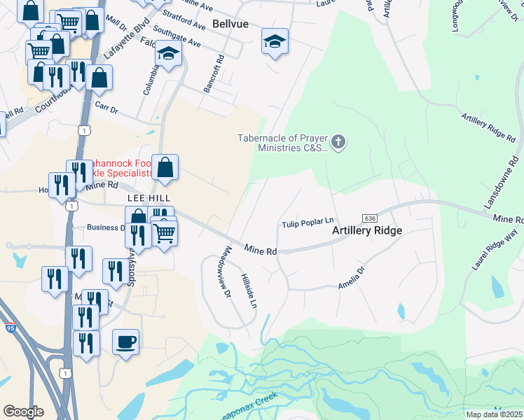 map of restaurants, bars, coffee shops, grocery stores, and more near 10305 Shady Oak Lane in Fredericksburg