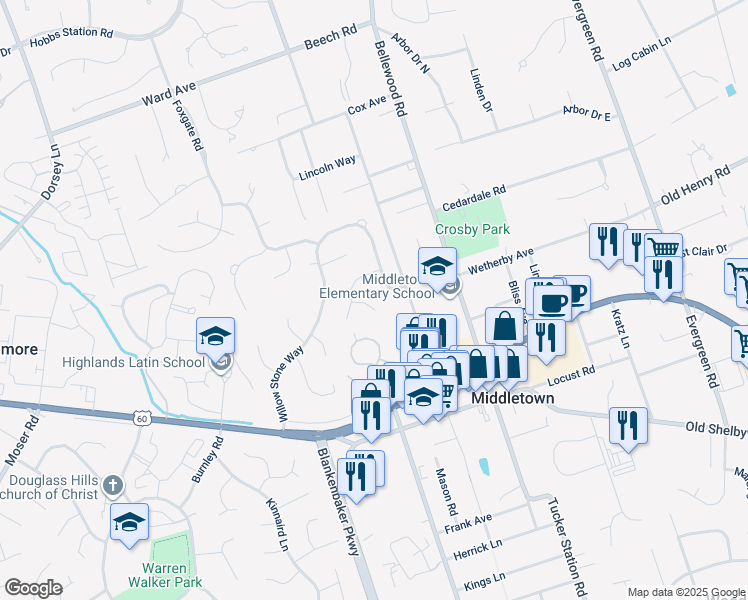 map of restaurants, bars, coffee shops, grocery stores, and more near 11305 Pencross Court in Louisville