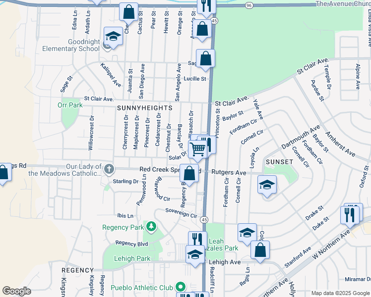 map of restaurants, bars, coffee shops, grocery stores, and more near 38 Barclay Drive in Pueblo