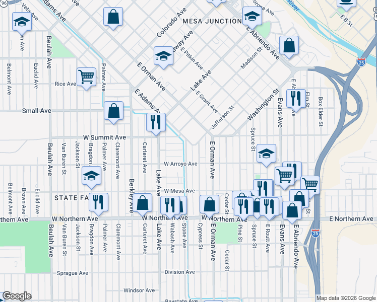 map of restaurants, bars, coffee shops, grocery stores, and more near 1100 Topaz Place in Pueblo