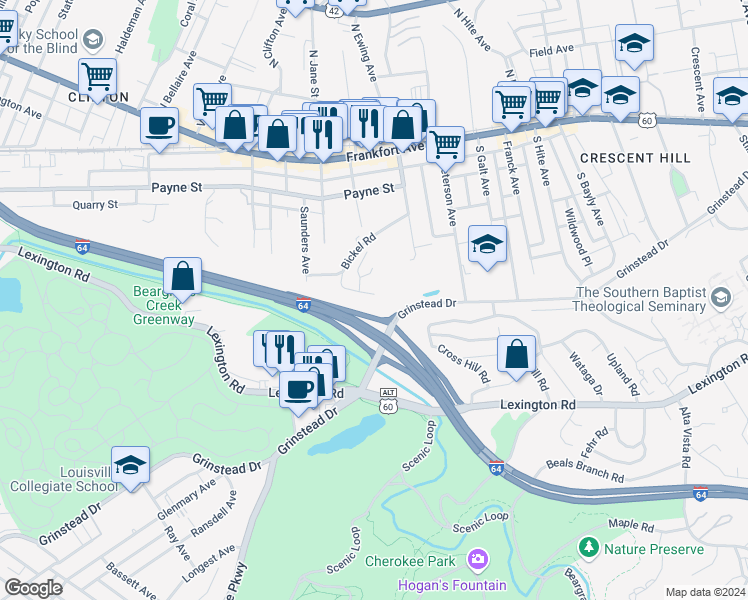 map of restaurants, bars, coffee shops, grocery stores, and more near 372 Crescent Spring Drive in Louisville