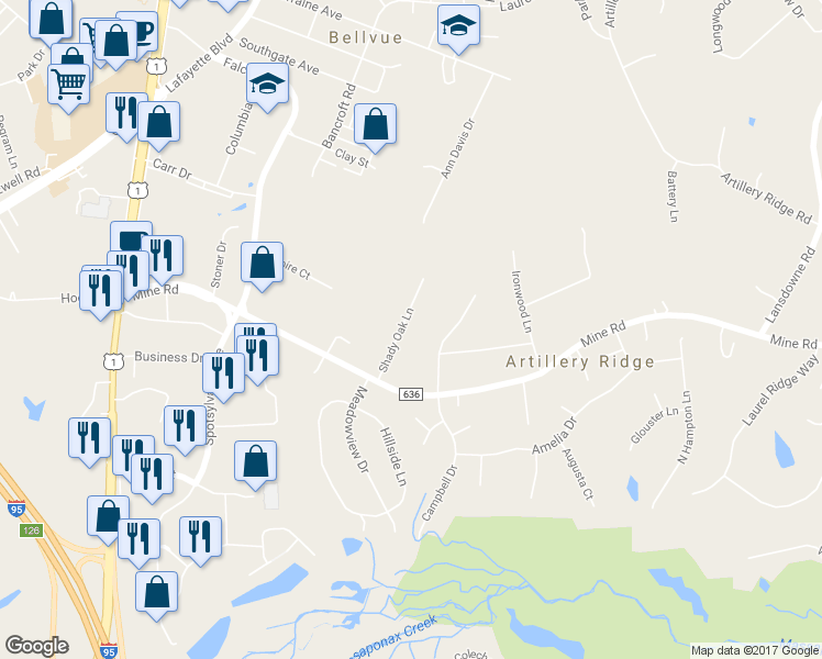 map of restaurants, bars, coffee shops, grocery stores, and more near 10305 Shady Oak Lane in Fredericksburg