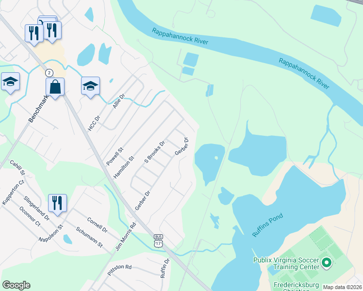 map of restaurants, bars, coffee shops, grocery stores, and more near 4524 Brandon Lane in Fredericksburg