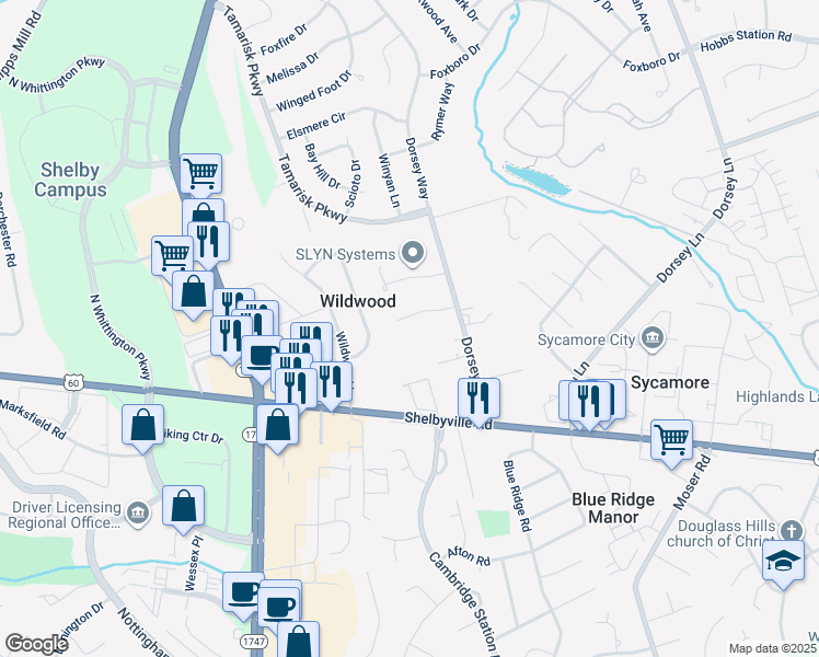 map of restaurants, bars, coffee shops, grocery stores, and more near 9908 Arterburn Woods Drive in Louisville