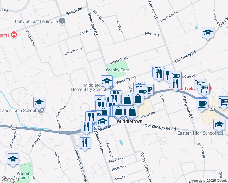 map of restaurants, bars, coffee shops, grocery stores, and more near 218 North Madison Avenue in Middletown