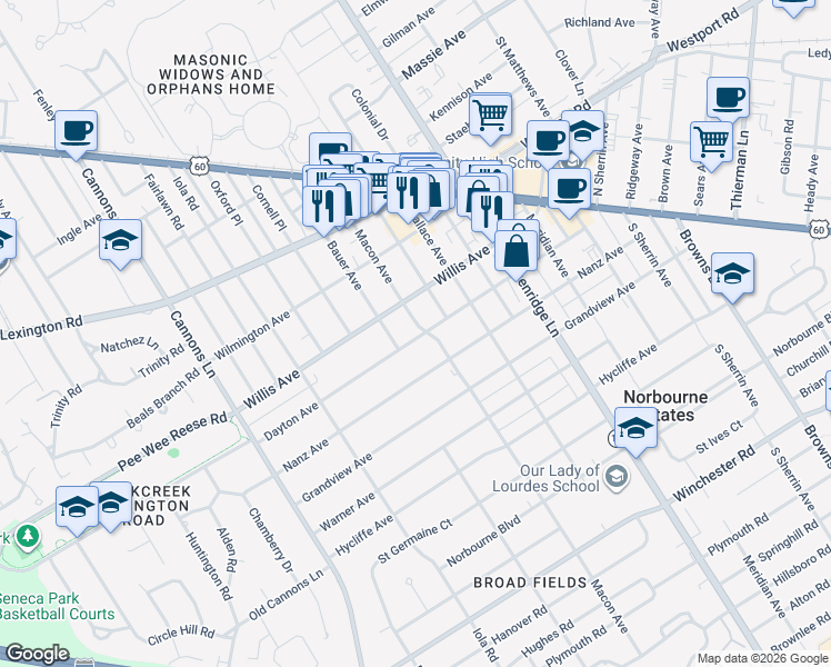 map of restaurants, bars, coffee shops, grocery stores, and more near 512 Macon Avenue in Louisville