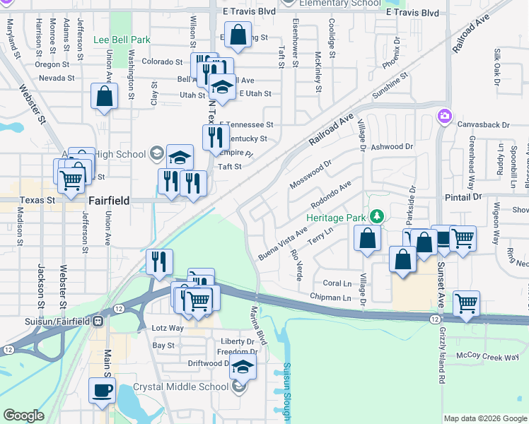 map of restaurants, bars, coffee shops, grocery stores, and more near 48 Tea Rose Way in Suisun City