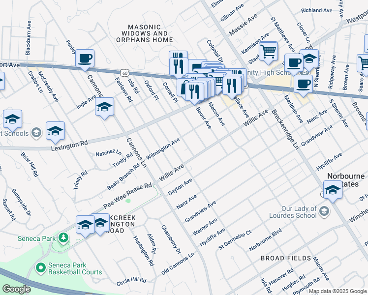 map of restaurants, bars, coffee shops, grocery stores, and more near 510 Oxford Place in Louisville