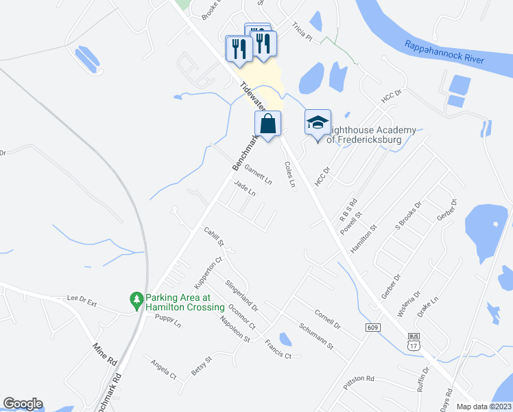map of restaurants, bars, coffee shops, grocery stores, and more near 10604 Guilderland Court in Fredericksburg
