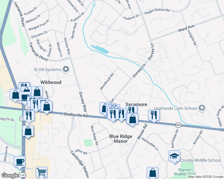 map of restaurants, bars, coffee shops, grocery stores, and more near 10307 Garlanreid Place in Louisville
