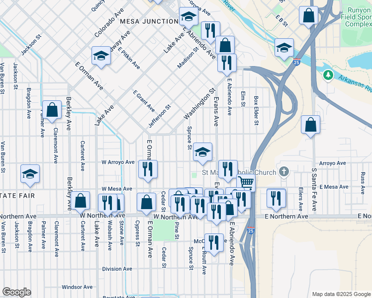 map of restaurants, bars, coffee shops, grocery stores, and more near 1029 Spruce Street in Pueblo