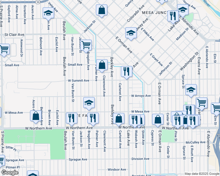 map of restaurants, bars, coffee shops, grocery stores, and more near 1029 Berkley Avenue in Pueblo