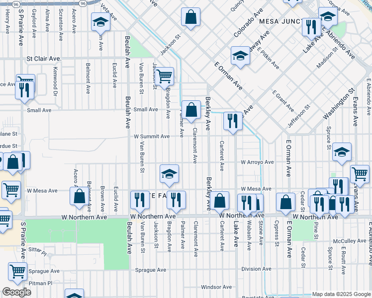 map of restaurants, bars, coffee shops, grocery stores, and more near 1022 Palmer Avenue in Pueblo