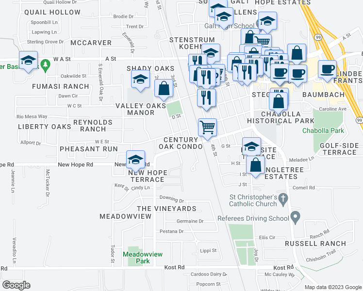 map of restaurants, bars, coffee shops, grocery stores, and more near 210 F Street in Galt
