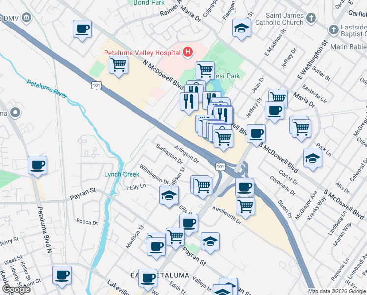 map of restaurants, bars, coffee shops, grocery stores, and more near 50 Arlington Drive in Petaluma