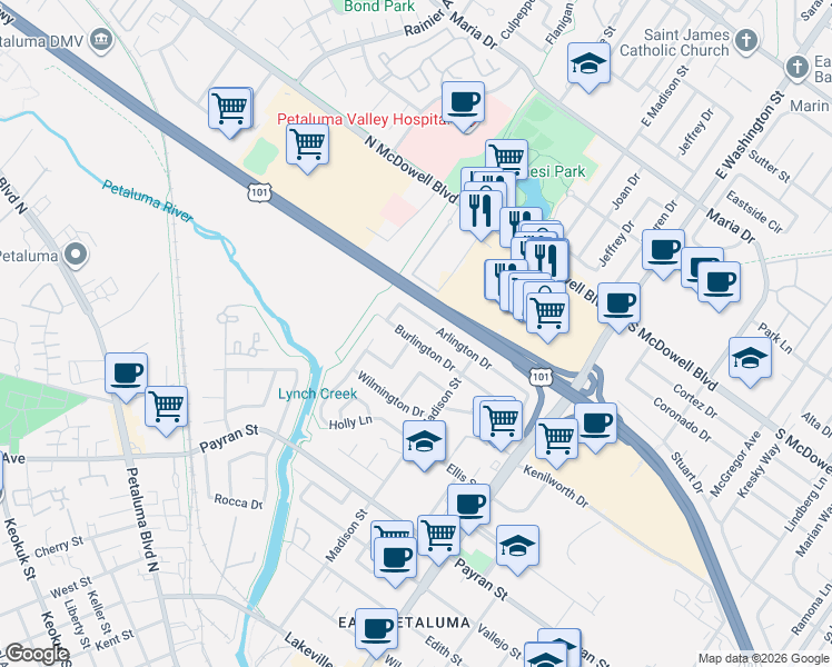 map of restaurants, bars, coffee shops, grocery stores, and more near 26 Burlington Drive in Petaluma