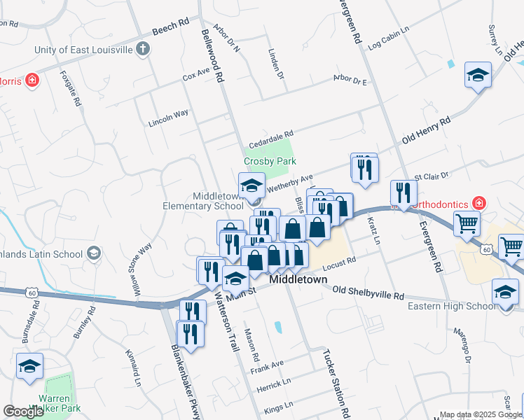 map of restaurants, bars, coffee shops, grocery stores, and more near 215 North Madison Avenue in Louisville