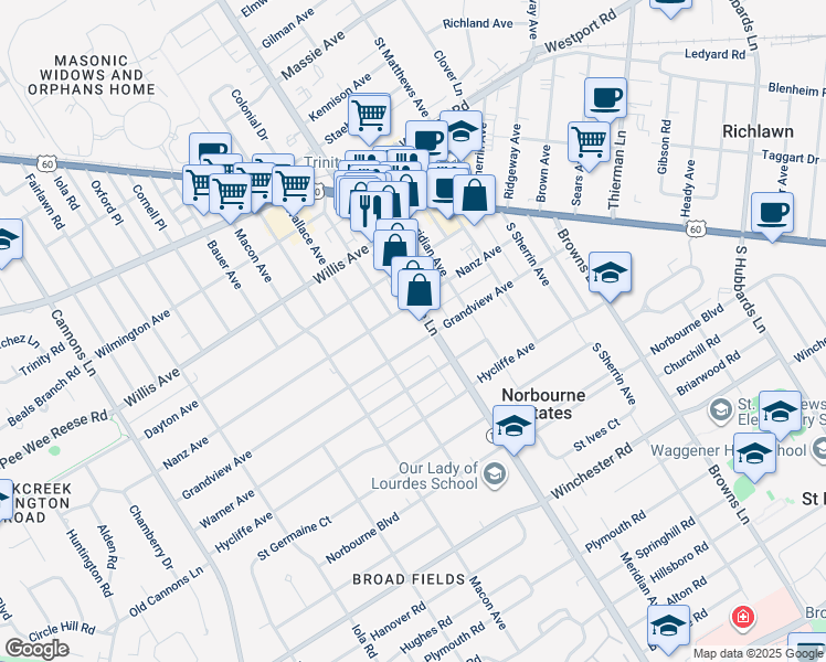 map of restaurants, bars, coffee shops, grocery stores, and more near 3813 Grandview Avenue in Louisville