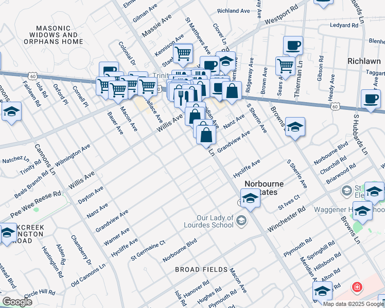 map of restaurants, bars, coffee shops, grocery stores, and more near 3813 Grandview Avenue in Louisville