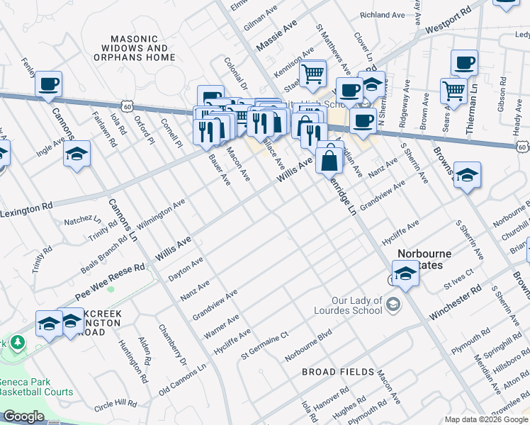map of restaurants, bars, coffee shops, grocery stores, and more near 512 Macon Avenue in Louisville