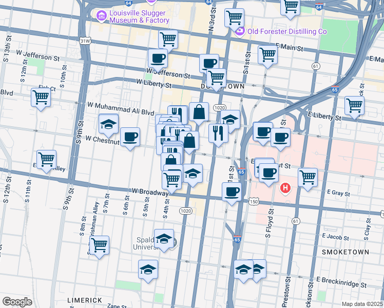 map of restaurants, bars, coffee shops, grocery stores, and more near 604 South 3rd Street in Louisville