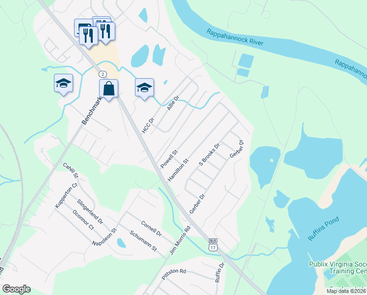 map of restaurants, bars, coffee shops, grocery stores, and more near 210 Powell Street in Fredericksburg