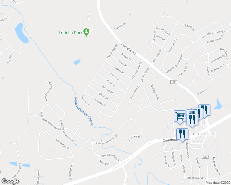 map of restaurants, bars, coffee shops, grocery stores, and more near 5507 Bounds Street in Fredericksburg