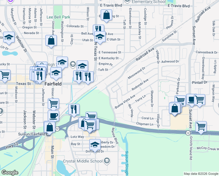 map of restaurants, bars, coffee shops, grocery stores, and more near 24 Dawn Rose Way in Suisun City