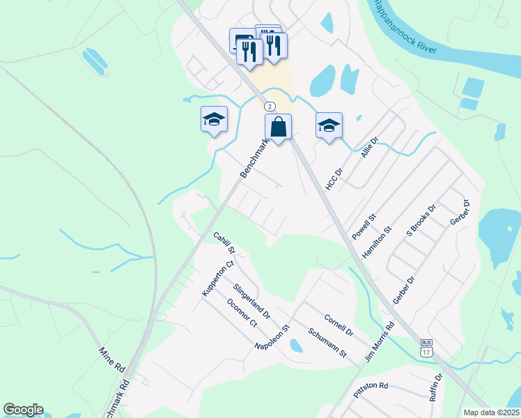 map of restaurants, bars, coffee shops, grocery stores, and more near 10601 Boxmeer Court in Fredericksburg