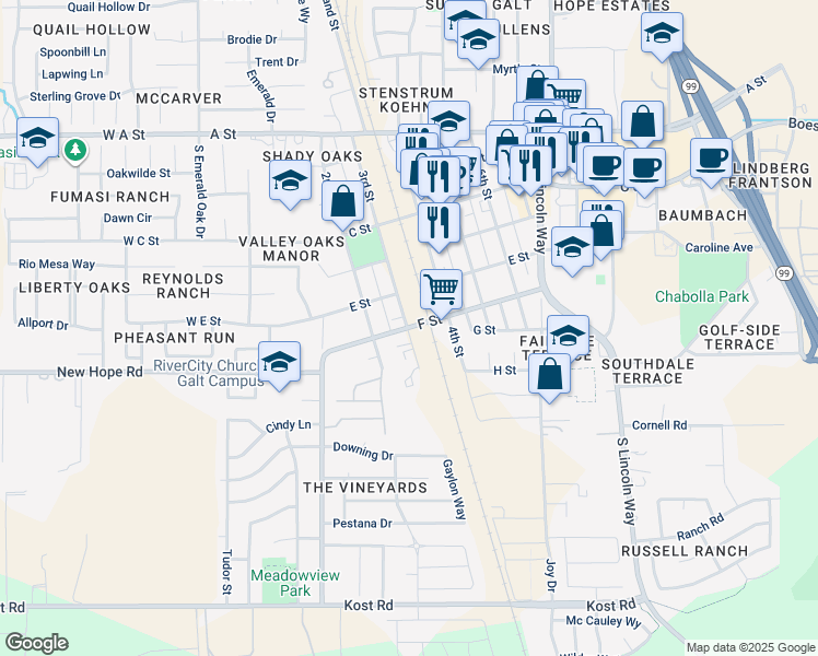 map of restaurants, bars, coffee shops, grocery stores, and more near 210 F Street in Galt