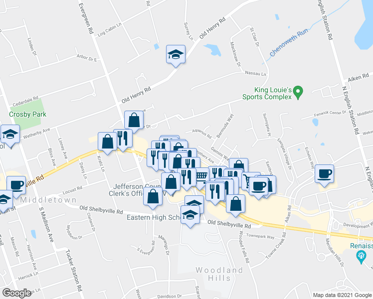 map of restaurants, bars, coffee shops, grocery stores, and more near 306a Middletown Park Place in Louisville