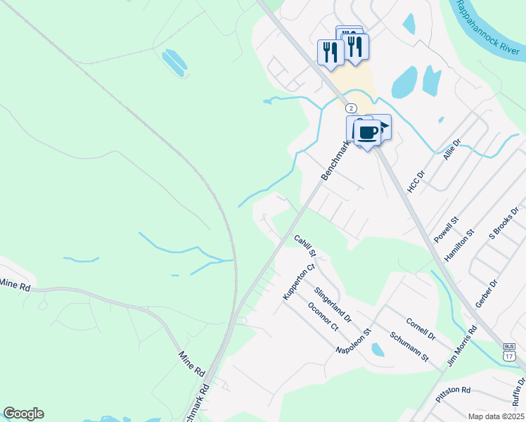 map of restaurants, bars, coffee shops, grocery stores, and more near 10500 Benchmark Road in Fredericksburg