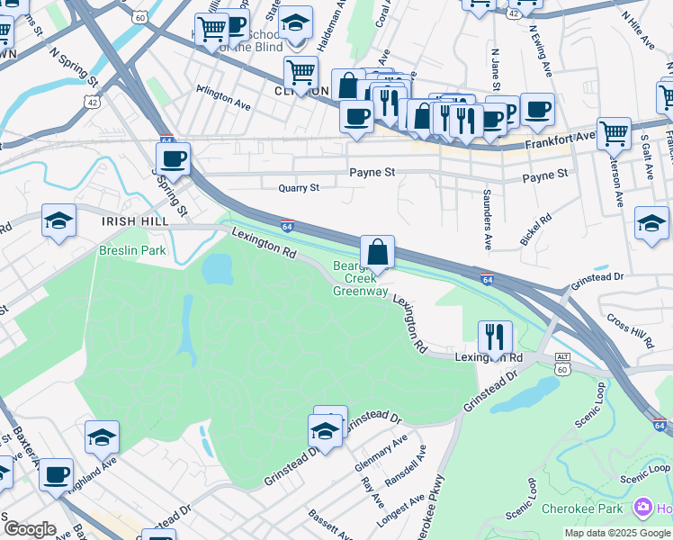 map of restaurants, bars, coffee shops, grocery stores, and more near 1585 Lexington Road in Louisville