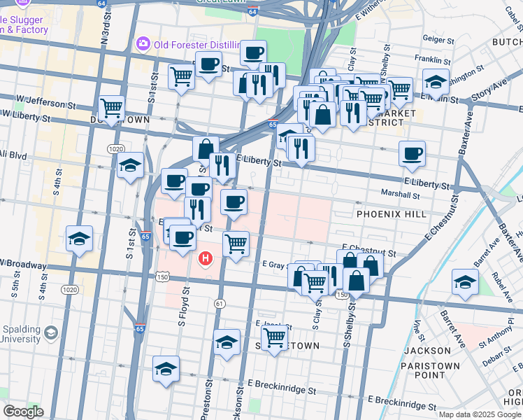 map of restaurants, bars, coffee shops, grocery stores, and more near 550 South Jackson Street in Louisville