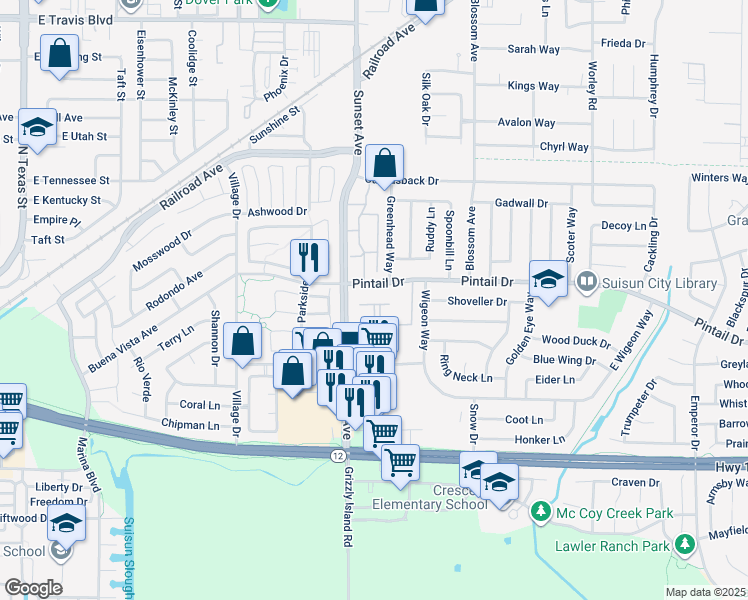 map of restaurants, bars, coffee shops, grocery stores, and more near 831 Pintail Drive in Suisun City