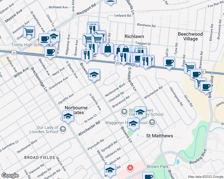 map of restaurants, bars, coffee shops, grocery stores, and more near 4216 Norbourne Boulevard in Louisville