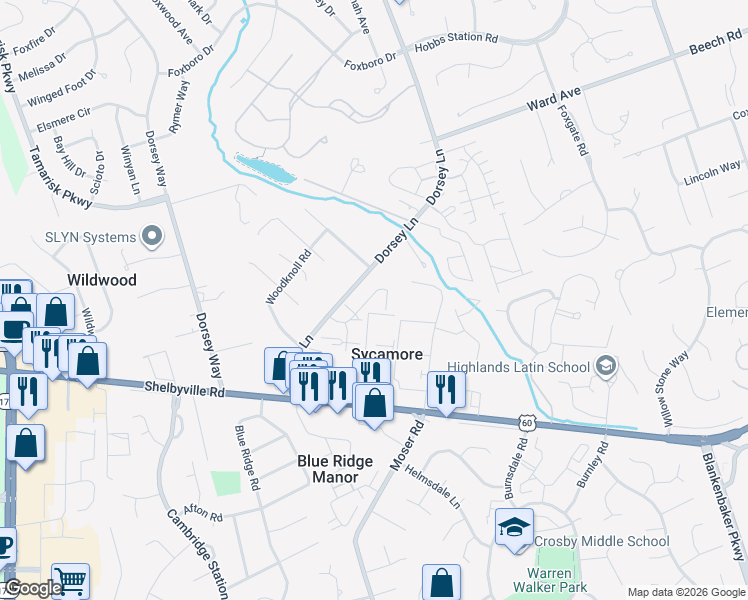 map of restaurants, bars, coffee shops, grocery stores, and more near 607 Forest Park Road in Louisville