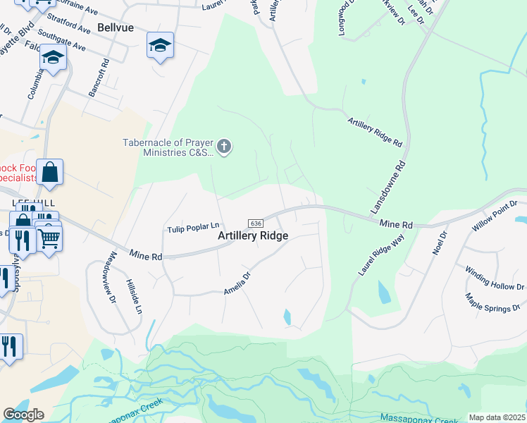 map of restaurants, bars, coffee shops, grocery stores, and more near 4215 Mine Road in Fredericksburg