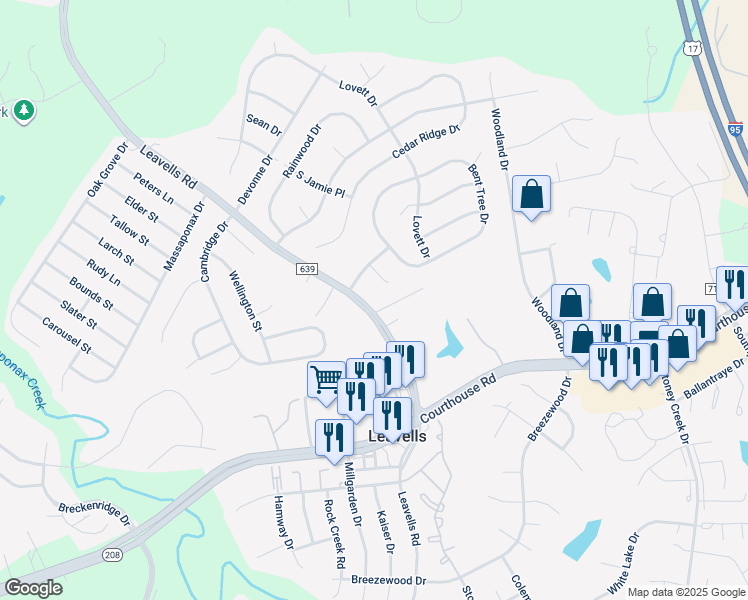 map of restaurants, bars, coffee shops, grocery stores, and more near 10625 Leavells Road in Fredericksburg