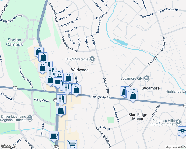 map of restaurants, bars, coffee shops, grocery stores, and more near 9908 Arterburn Woods Drive in Louisville