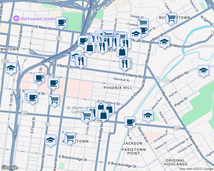 map of restaurants, bars, coffee shops, grocery stores, and more near Shelby Street Mall in Louisville