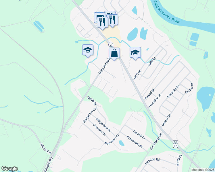 map of restaurants, bars, coffee shops, grocery stores, and more near 10605 Boxmeer Court in Fredericksburg